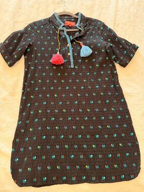 Black Embroidered Short-Sleeve Tunic with Colorful Tassels